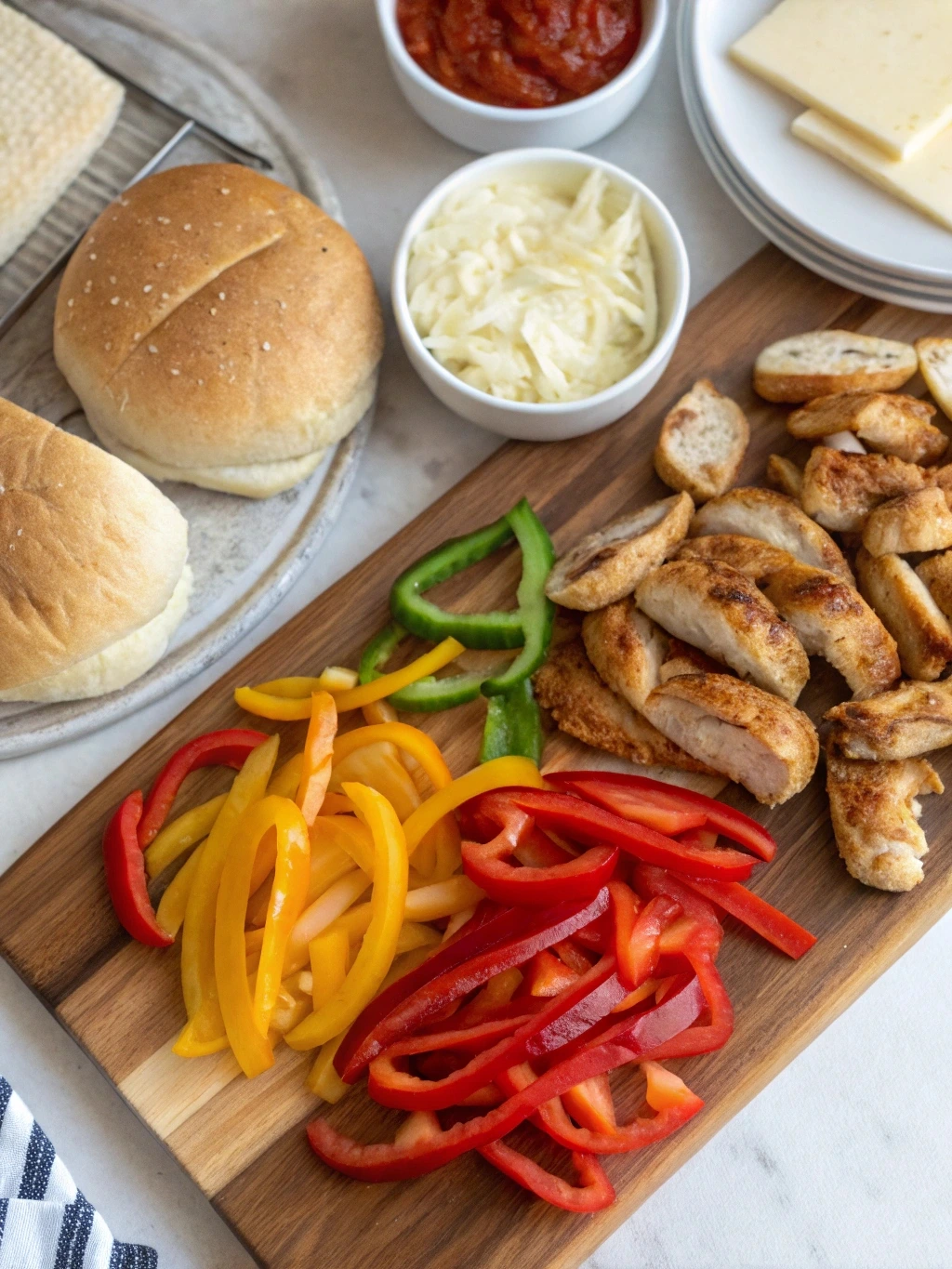 mini-chicken-fajita-ingredients.jpg Ingredients for mini chicken fajita pizzas laid out on a wooden board
