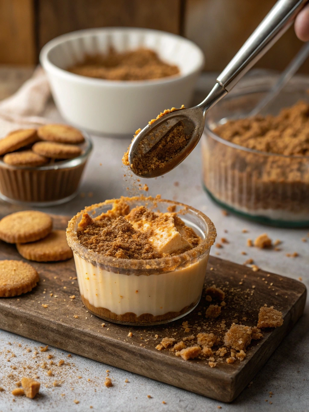 crust-layer-salted-caramel-cheesecake-cups.jpg pressing crust for no bake salted caramel cheesecake cups