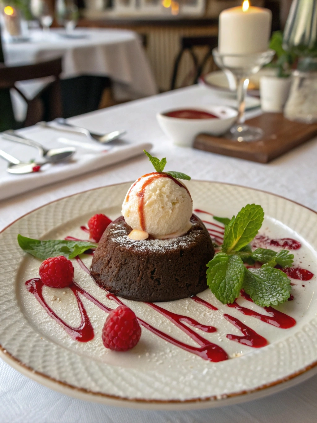 chocolate-lava-cake-plated-elegantly.jpg Plated chocolate lava cake with mint and ice cream