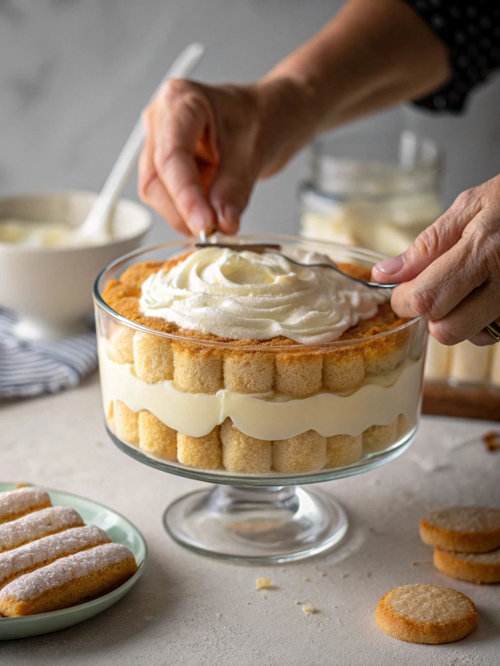 layering-pistachio-tiramisu.jpg Layering ladyfingers and pistachio cream for tiramisu