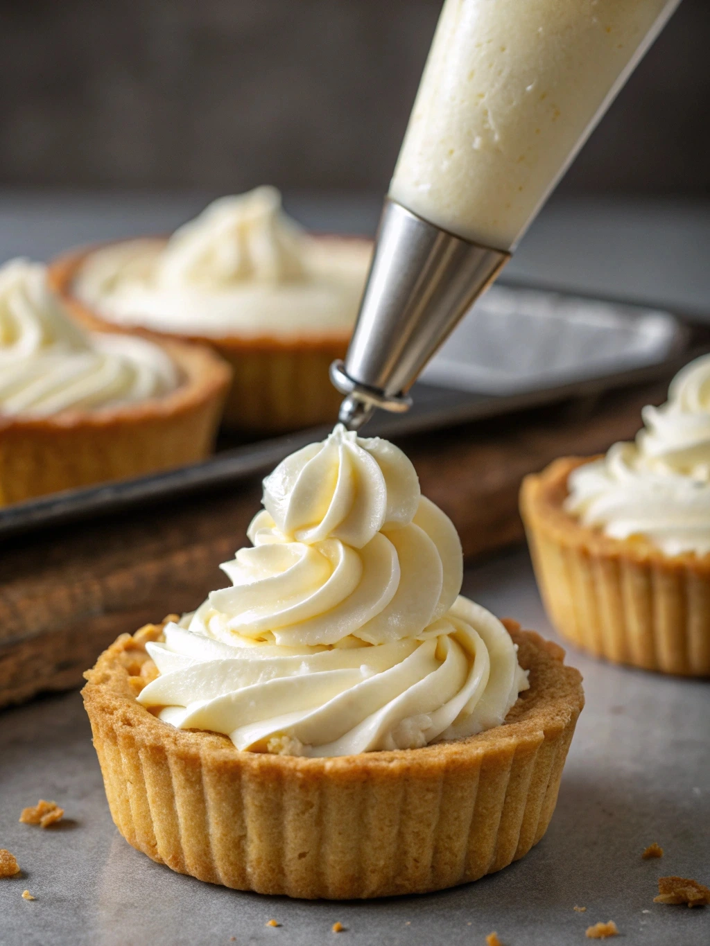 piping-cheesecake-filling-no-bake-cups.jpg piping cheesecake filling into salted caramel cheesecake cups